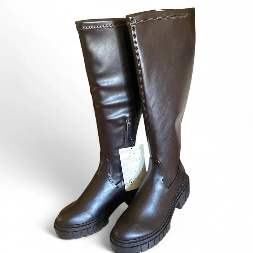 THE DROP KENNEDY Y2K Lug Sole Platform Boots Brown Knee High 14” Calf Y2K NWT
